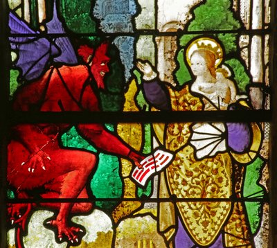 Fenster, das die Jungfrau Maria darstellt, die den Pakt des Theophilus vom Teufel zurückholt von French School